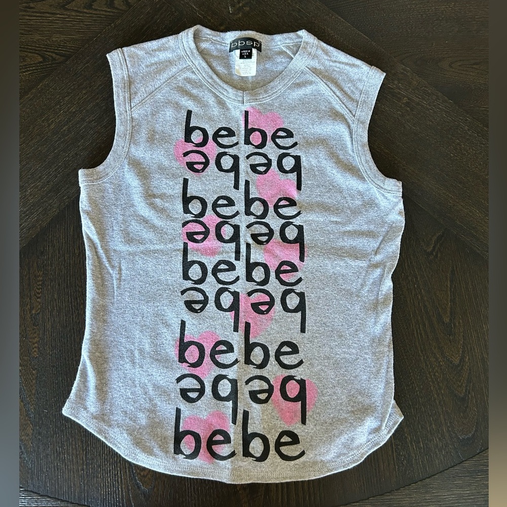 Women's LARGE *BEBE* Vintage Y2K LOGO Tank Top Grey With Pink Accents